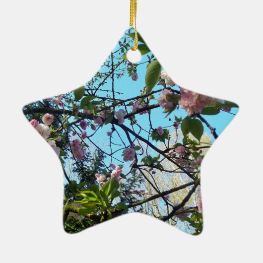 開花さくらんぼ、花、自然、ピンクの花 セラミックオーナメント (裏面)