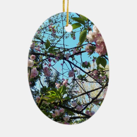 開花さくらんぼ、花、自然、ピンクの花 セラミックオーナメント (裏面)