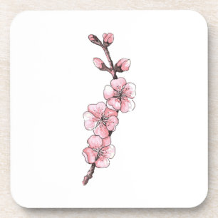開花したアプリコットの枝。水彩画。 コースター