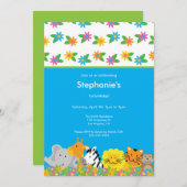 開花したジャングル動物の誕生日のパーティの招待状 招待状 (正面/裏面)