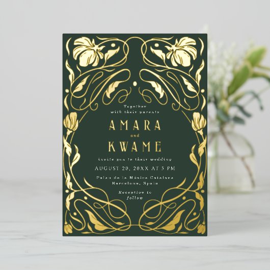 開花つる植物植物性アールヌーボー金ゴールド 箔招待状 (立ち正面)