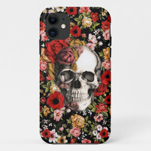 開花では、スカルを搭載するレトロの花パターン iPhone 11 ケース