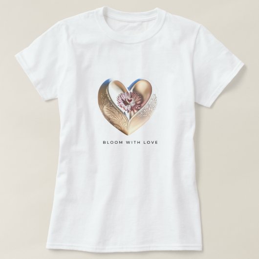 開花と愛金ゴールドハートと花 Tシャツ (デザイン正面)