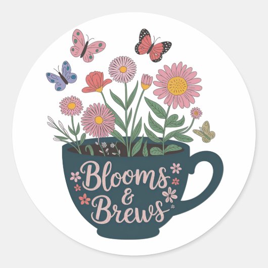 開花とBrewsデザイン-お洒落フローラグラフィック ラウンドシール (正面)