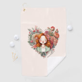 開花のハート-フローラハートに囲まれた女性 ゴルフタオル (インサイチュ)