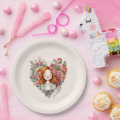 開花のハート-フローラハートに囲まれた女性 ペーパープレート (パーティー)