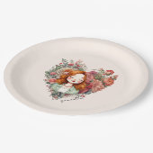 開花のハート-フローラハートに囲まれた女性 ペーパープレート (アングル)