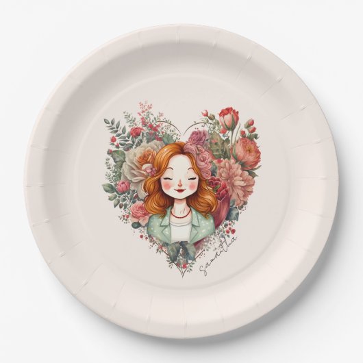 開花のハート-フローラハートに囲まれた女性 ペーパープレート (正面)