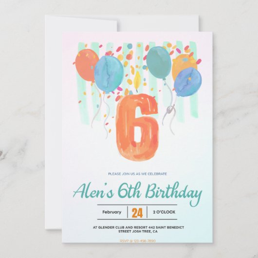 開花のバルーン祝: 6誕生日フィエスタ 招待状 (正面)