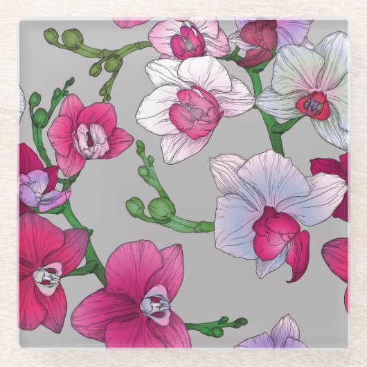 開花のピンクの蘭 ガラスコースター (正面)