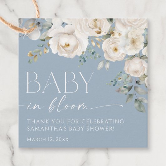 開花のボーイシャワーでほこりっぽい青い白いフローラベビー フェイバータグ (正面)