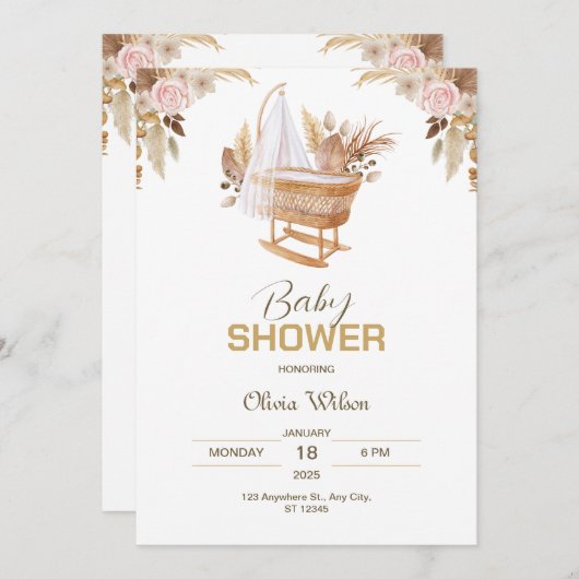 開花の喜び:水彩フローラ赤ちゃんシャワー 招待状 (正面/裏面)