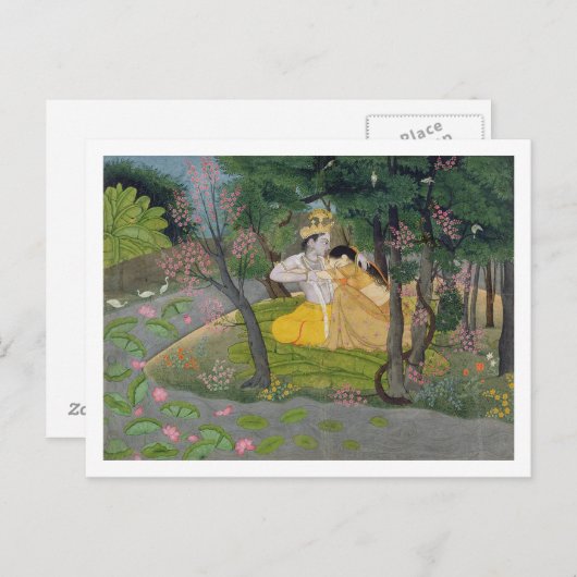 開花の果樹園のRadhaおよびKrishnaの容認 ポストカード (正面/裏面)