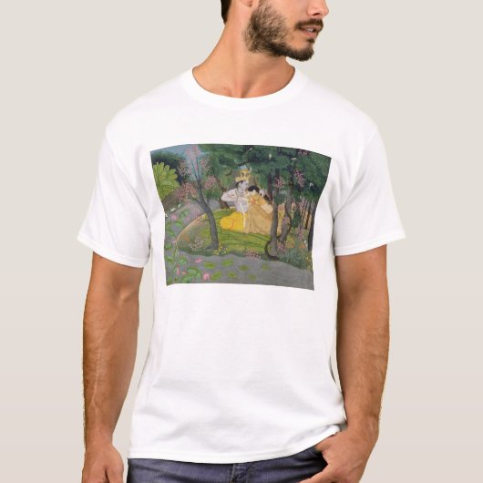 開花の果樹園のRadhaおよびKrishnaの容認 Tシャツ (正面)