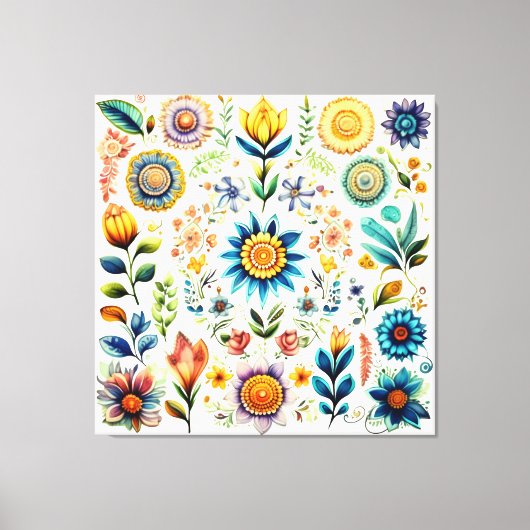 開花の美しいカラフル水彩花 キャンバスプリント (正面)