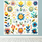 開花の美しいカラフル水彩花 キャンバスプリント (インサイチュ (ウッドフロア))