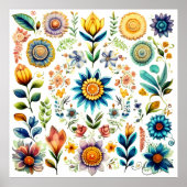 開花の美しいカラフル水彩花 ポスター (正面)