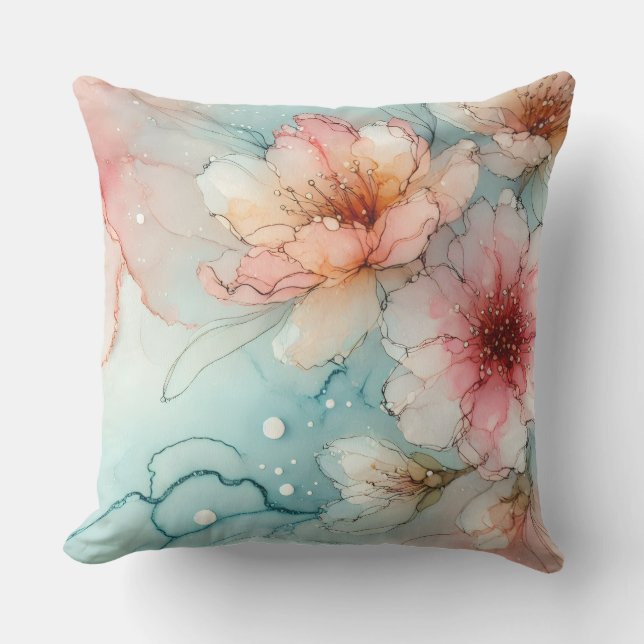 開花の花：抽象芸術アルコールインクデザイン アウトドアクッション (正面)