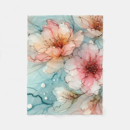 開花の花：抽象芸術アルコールインクデザイン フリースブランケット (正面)