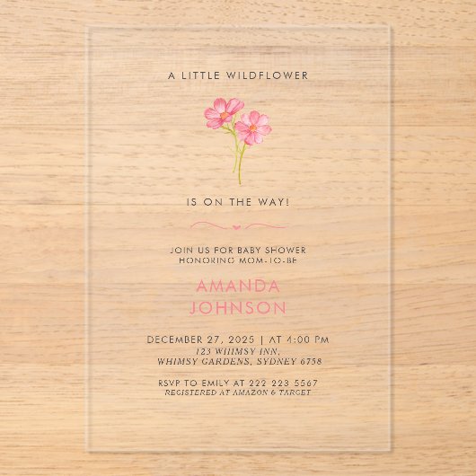 開花の赤ちゃんシャワーの小さなワイルドフラワーベビー アクリル招待状 (正面)