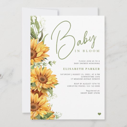開花ひまわりエレガントの赤ちゃんシャワーベビー 招待状 (正面)