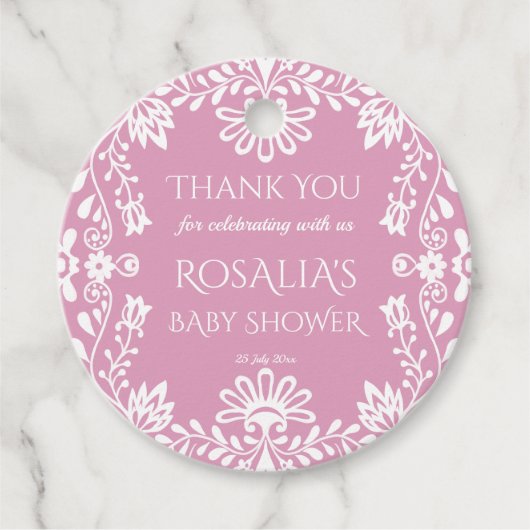 開花ほこりっぽいピンクのメキシコの赤ちゃんシャワーのベビー フェイバータグ (正面)