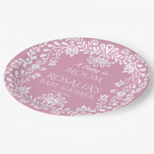 開花ほこりっぽいピンクのメキシコの赤ちゃんシャワーのベビー ペーパープレート (アングル)