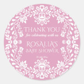 開花ほこりっぽいピンクのメキシコの赤ちゃんシャワーのベビー ラウンドシール (正面)