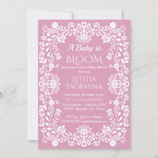 開花ほこりっぽいピンクのメキシコの赤ちゃんシャワーのベビー 招待状 (正面)