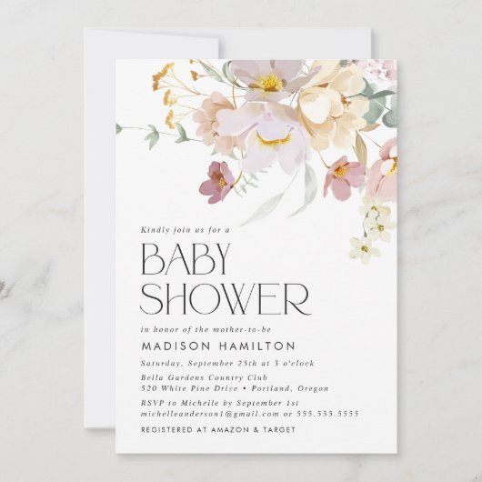 開花エレガントピンクとクリームのフローラ赤ちゃんシャワー 招待状 (正面)