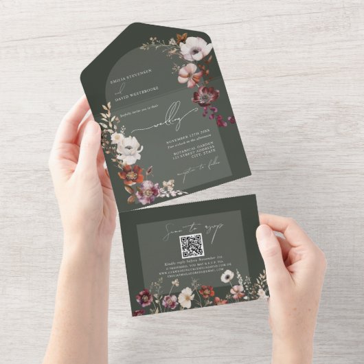 開花エレガント全員の結婚式の招待で緑 オールインワン招待状 (貼ってはがせる)