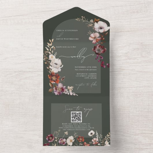 開花エレガント全員の結婚式の招待で緑 オールインワン招待状 (内側)