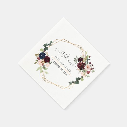 開花エレガント赤面ブルガンディユーカリプタスウェルカム スタンダードカクテルナプキン (角)