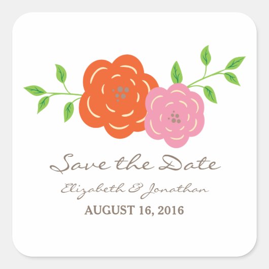 開花オレンジピンク日付ステッカーを保存 スクエアシール (正面)