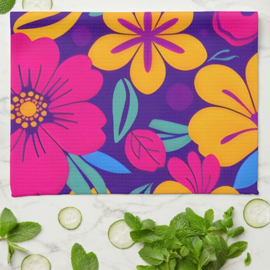 開花カラフル – ドーパミンスタイル-レトロ花 キッチンタオル (折り畳み)