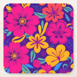 開花カラフル – ドーパミンスタイル-レトロ花 スクエアペーパーコースター