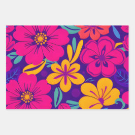 開花カラフル – ドーパミンスタイル-レトロ花 ラッピングペーパーシート