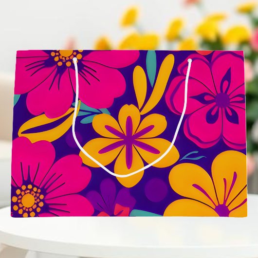 開花カラフル – ドーパミンスタイル-レトロ花 ラージペーパーバッグ