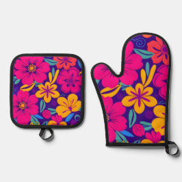 開花カラフル – ドーパミンスタイル-レトロ花 鍋つかみ&鍋敷きセット
