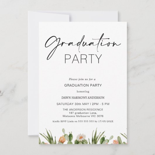 開花サボテン写真卒業招待状 招待状 (裏面)