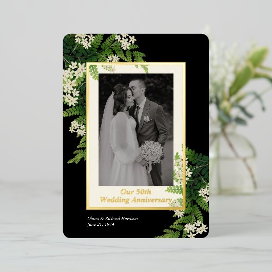 開花シダ結婚の記念写真 箔招待状 (立ち正面)