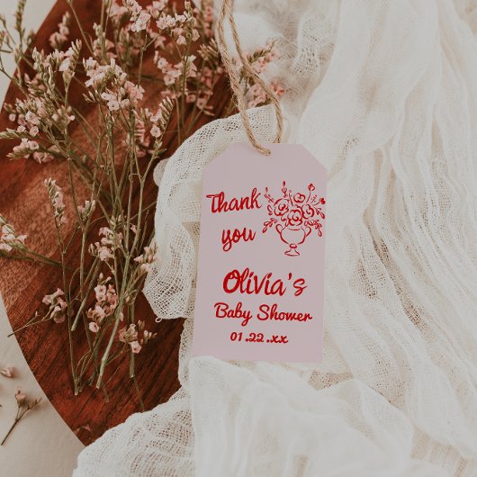 開花シャワーにおける手描き赤フローラブーケベビー ギフトタグ