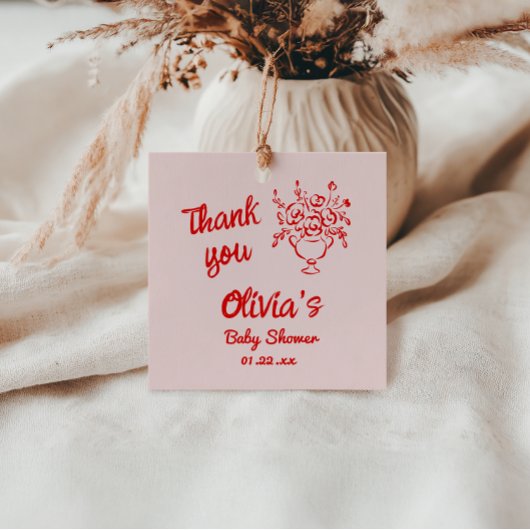 開花シャワーにおける手描き赤フローラブーケベビー フェイバータグ