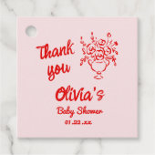 開花シャワーにおける手描き赤フローラブーケベビー フェイバータグ (正面)