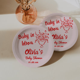 開花シャワーにおける手描き赤フローラブーケベビー ペーパープレート