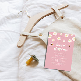 開花シンプルガールシャワーのデイジーピンクベビー 招待状