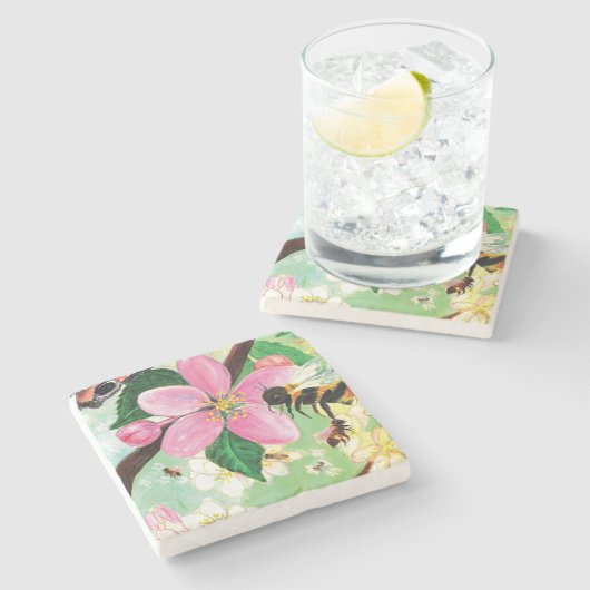 開花ツリーウィズビーツイラストレーション ストーンコースター (横)