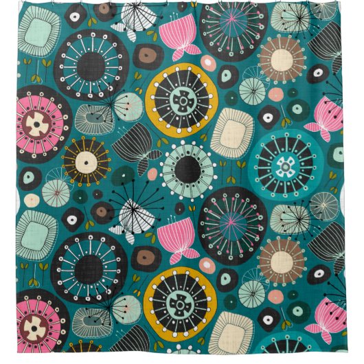 開花ティール（緑がかった色） シャワーカーテン (正面)