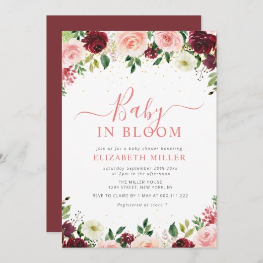 開花バーガンディーピンクのフローラの赤ちゃんシャワーのベビー 招待状 (正面/裏面)
