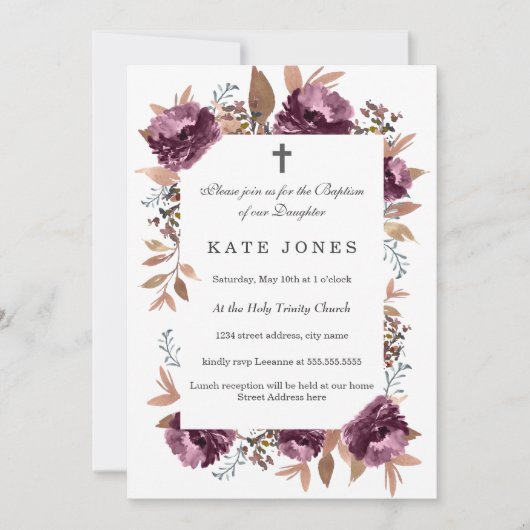 開花パープルウォーターカラーバプテスマ招待状 招待状 (正面)